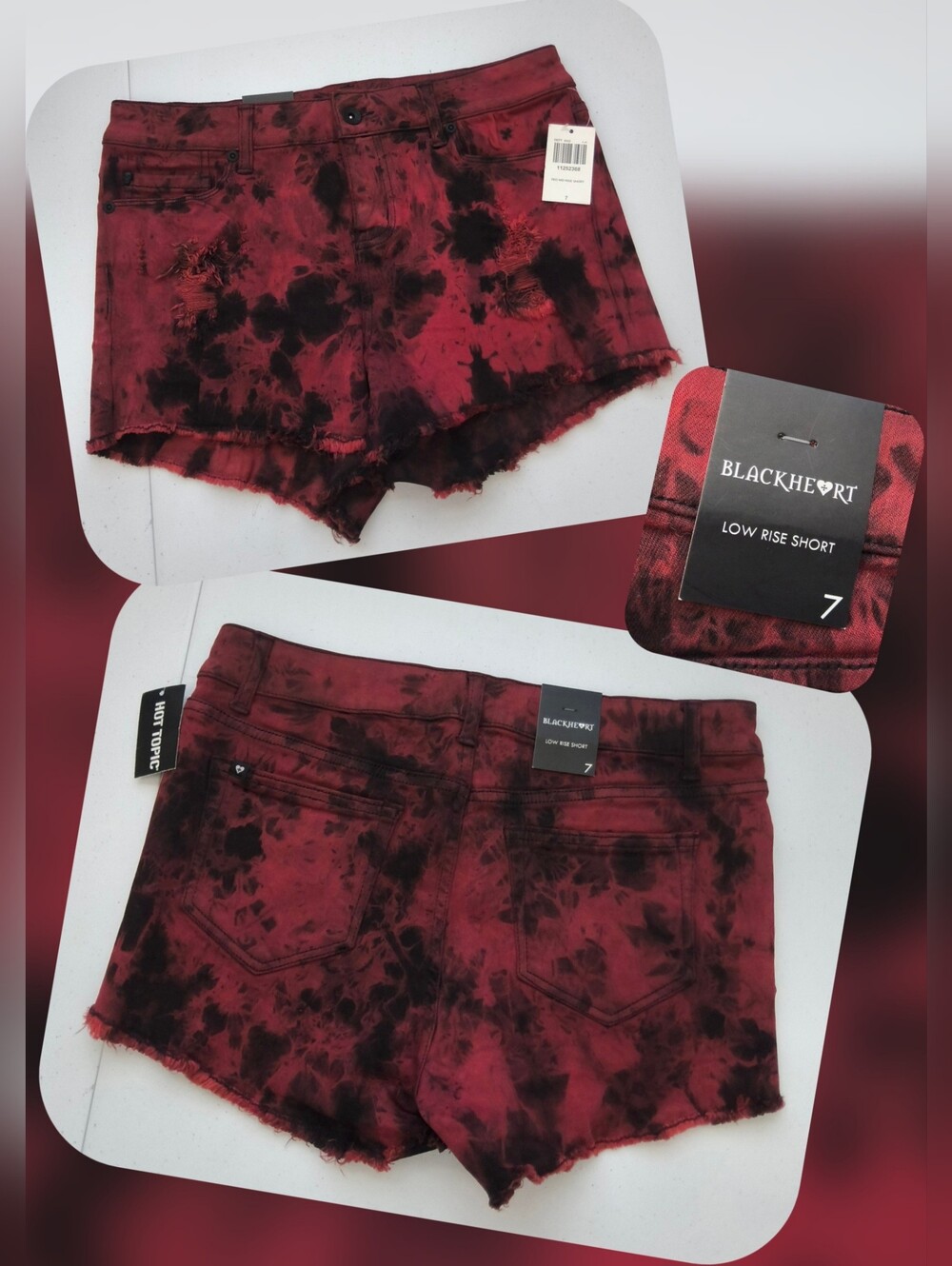 Blackheart Women's Red Tie-Dye Low Rise Denim Shorts Size 7 (Nwts)